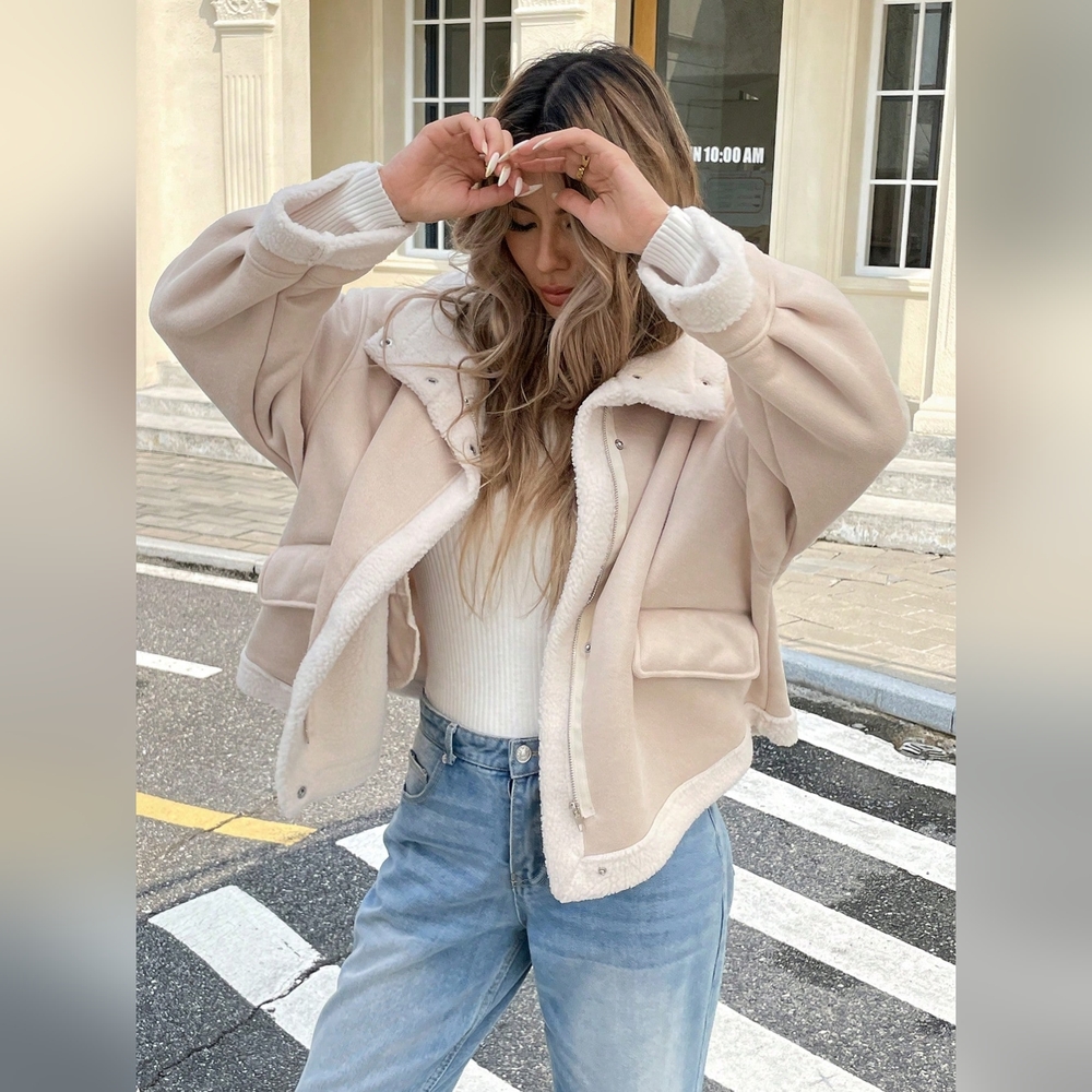 Winter Women Jacket Women's Loose Fit Zip-Up Collar Fleece Lined Casual Jacket F - Picture 1 of 6